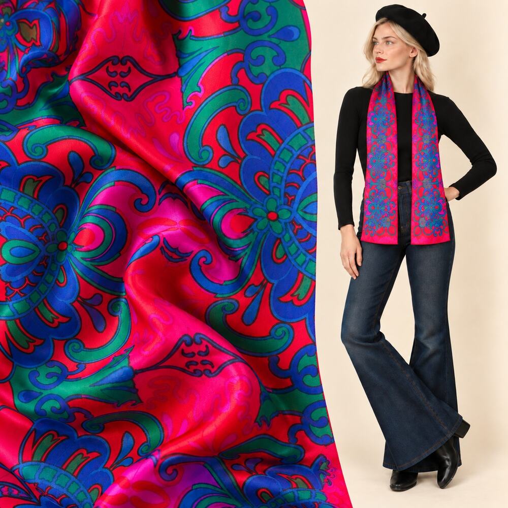 1990s Liz Claiborne Jewel-Tone Floral Scroll Long Rectangular Scarf